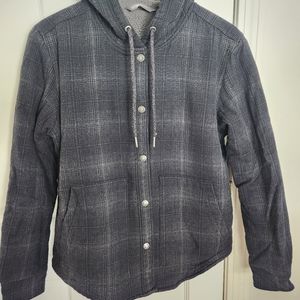 North Face gray plad hooded fleece lined snap jacket